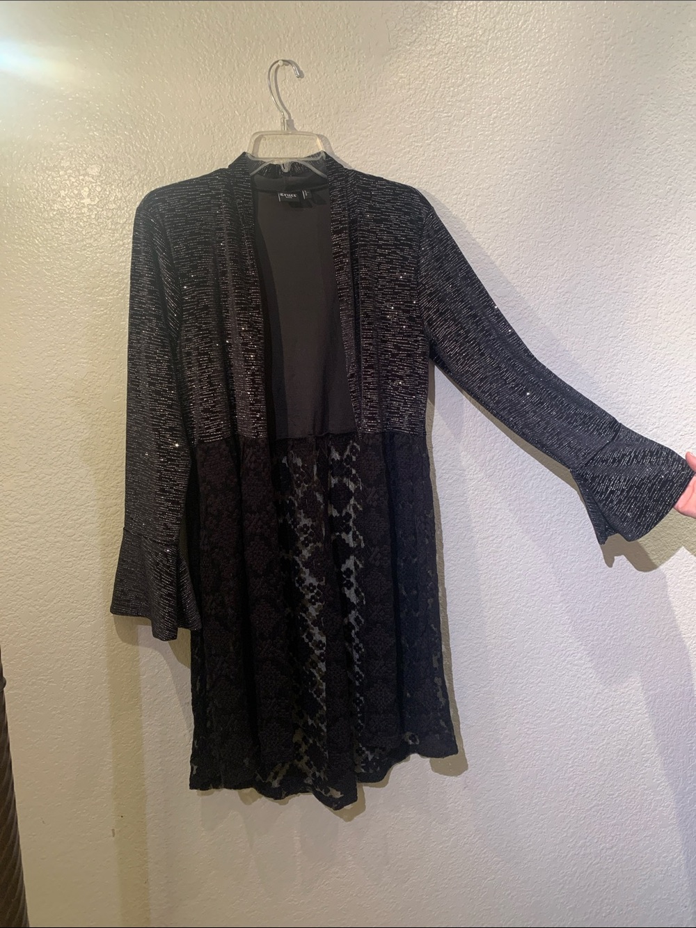 Black Long Sleeve Mixed-Knit & Lace Open Dress